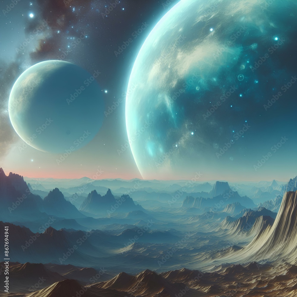Giant teal and blue planet over a vast mountainous rocky vast alien landscape. Giant teal and blue planet over a vast mountainous rocky vast alien landscape.