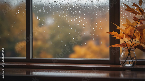 autumn background. autumn rain view through the window. concept of fall season. rainy day weather