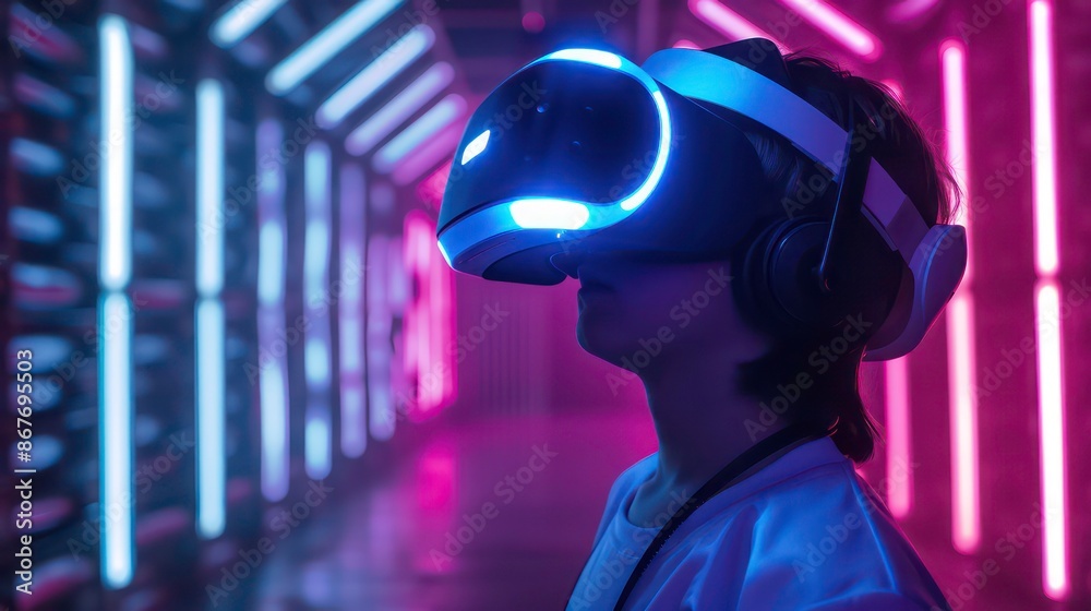 Young boy wearing VR virtual reality headset. Neon lights and lines. Futuristic technological theme. Neon lghts. Young boy wearing VR virtual reality headset. Neon lights and lines. Futuristic technological theme. Neon lghts.