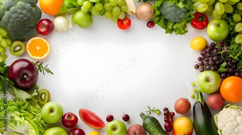 A frame of assorted fresh fruits and vegetables isolated on a clean white background, arranged neatly with vibrant colors and textures. Perfect for showcasing variety and freshness in food concepts. © Photos Hub