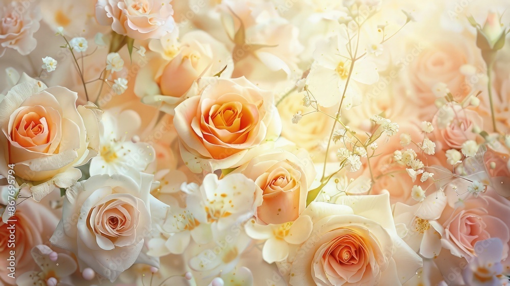 Beautiful summer flowers as background. Blossoming delicate roses on blooming flowers festive background, pastel and soft bouquet floral card. Beautiful summer flowers as background. Blossoming delicate roses on blooming flowers festive background, pastel and soft bouquet floral card.