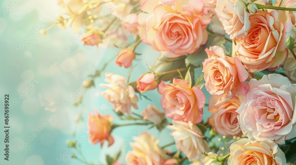 Fototapeta premium Beautiful summer flowers as background. Blossoming delicate roses on blooming flowers festive background, pastel and soft bouquet floral card.