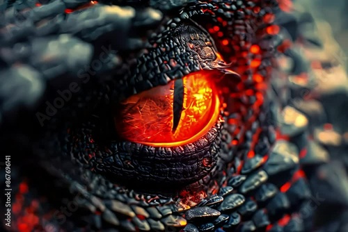 Dragon glowing eye close-up. Fantastic animal with red scales. Intricate details of a reptilian eye, Power and danger, gen by AI.