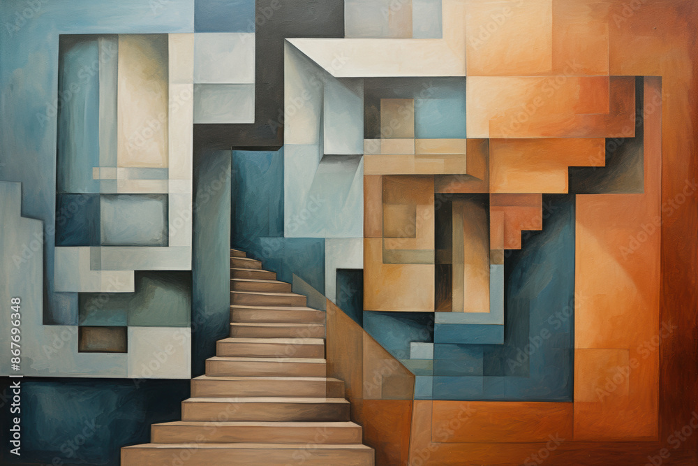 Obraz premium Abstract geometric architectural cubist or cubism style painting featuring a staircase leading upwards, surrounded by interlocking shapes in shades of blue, orange, and beige