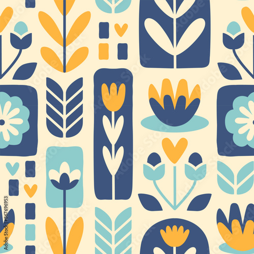 Modern stylized Nordic floral seamless pattern. Scandinavian folk background. Hand drawn doodle vector fabric swatch. Naive floral spring backdrop with flowers and leaves. Calm muted limited palette