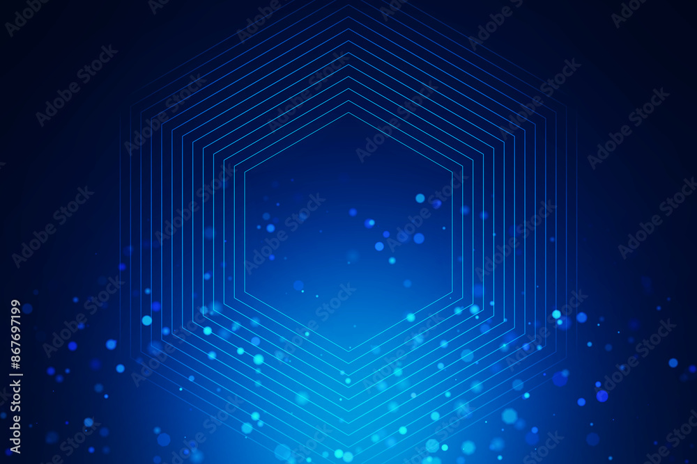 Hexagonal geometric shapes glowing on a dark blue background, reflecting a technology concept. 3D Rendering Hexagonal geometric shapes glowing on a dark blue background, reflecting a technology concept. 3D Rendering