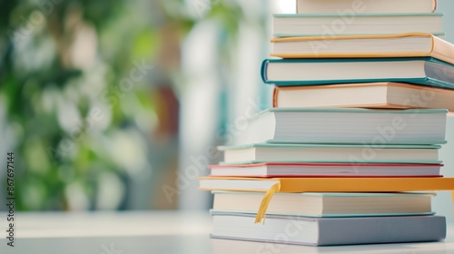 Collection of textbooks with various subjects, stacked neatly, back to school education, knowledge and learning