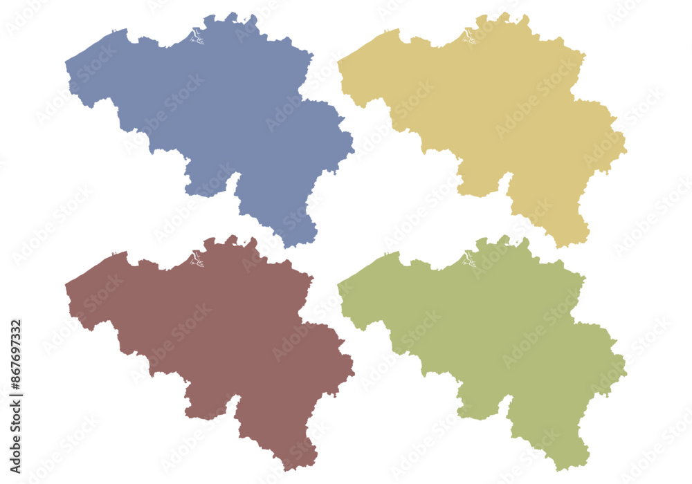 Fototapeta premium Hoja de iconos de mapa azul, amarillo, rojo y verde de Bélgica