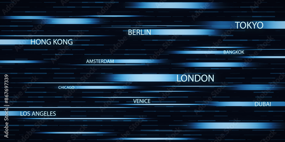 A digital art concept of major city names overlaid on dynamic blue lines on a dark background. 3D Rendering A digital art concept of major city names overlaid on dynamic blue lines on a dark background. 3D Rendering