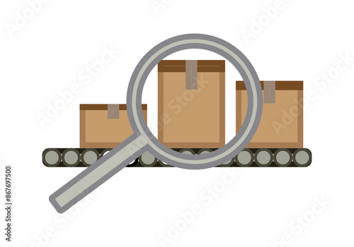 Cadena de producción con cajas y una lupa buscando
