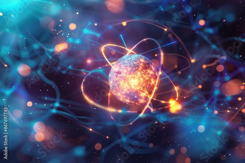 Wallpaper Mural Glowing Orb Surrounded by Interconnected Lines and Abstract Shapes in a Dark Blue and Orange Background Torontodigital.ca