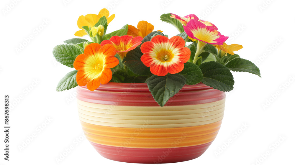 Colorful flower arrangement in a striped flower pot isolated Colorful flower arrangement in a striped flower pot isolated