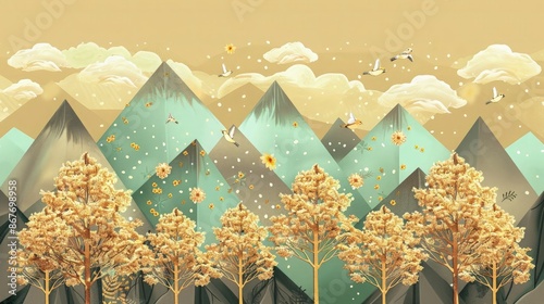 Caramel brown trees with golden flowers in front of mint green, charcoal, and pewter mountains, under a mellow yellow background with scattered white clouds and orioles.