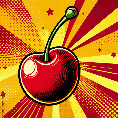 A Single Red Cherry with a Short Green Stem in Pop Art Style on a Bright Yellow and Red Background with Lines, Stars, and Pixelated Dots, Featuring Open Copy Space