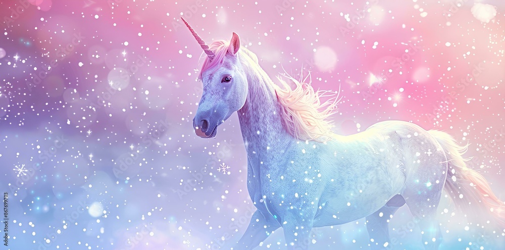 A beautiful unicorn with a pastel pink and blue background, glittering snowflakes in the air, a magical fantasy 