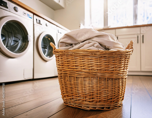 Wicker laundry backet on floor of laundry room, washer and dryer in background, daily chores concept, copy space photo