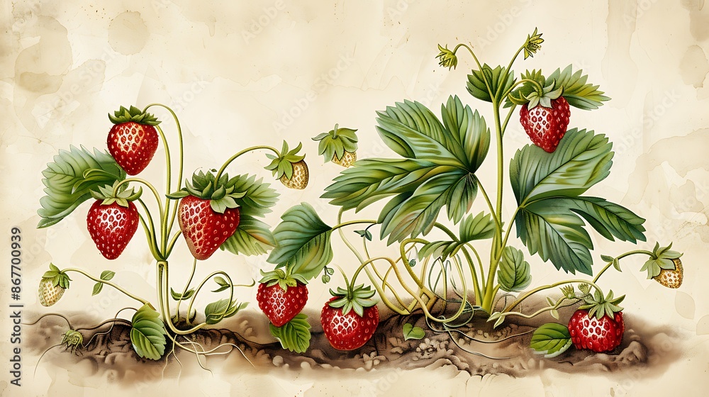 Strawberry Botanical Visual aid on the Strawberry Fragaria ananassa illustrating its spring ...