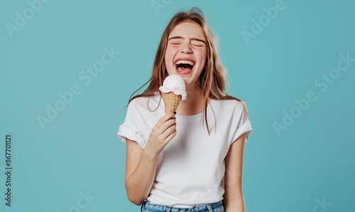 Happy girl eating ice cream.