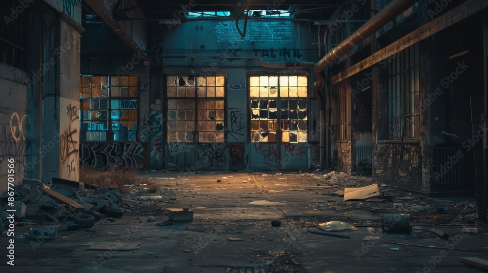 Abandoned industrial warehouse with broken windows and graffiti, showcasing urban decay and atmospheric lighting. Abandoned industrial warehouse with broken windows and graffiti, showcasing urban decay and atmospheric lighting.
