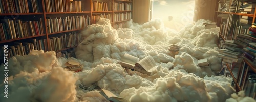 A magical library filled with thousands of books floating in the air amidst the clouds.