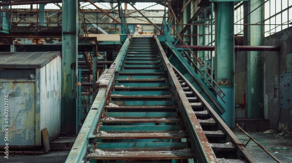 Interior of an abandoned industrial factory with rusty metal stairs leading up to a mezzanine level, showcasing decay and derelict machinery. Interior of an abandoned industrial factory with rusty metal stairs leading up to a mezzanine level, showcasing decay and derelict machinery.