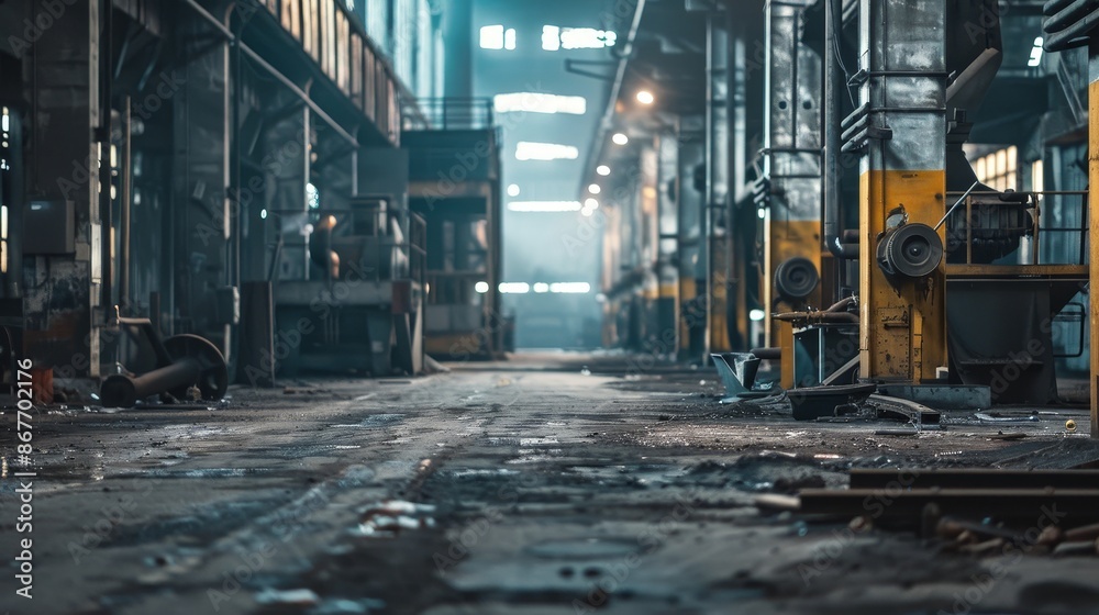 Interior of an old, abandoned factory with industrial machinery and equipment. The floor is littered with debris and the atmosphere is gloomy. Interior of an old, abandoned factory with industrial machinery and equipment. The floor is littered with debris and the atmosphere is gloomy.