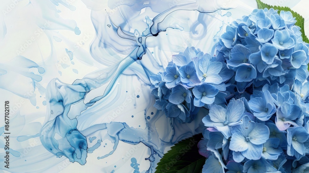 Creative image of pastel blue Hydrangea flowers on artistic ink background. Top view with copy space. Creative image of pastel blue Hydrangea flowers on artistic ink background. Top view with copy space.