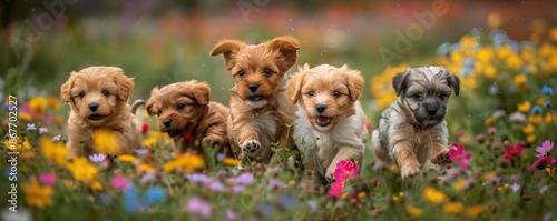 A playful group of puppies frolicking in a field of wildflowers. © Настя Шевчук