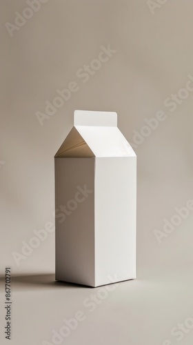 White blank milk carton on beige background, studio shot. Minimalistic packaging concept