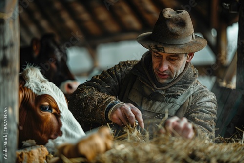 A man is feeding a cow hay photo