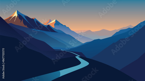 Grossglockner High Alpine Road in the early morning. Austria, Alps, Europe flat vector illustration.