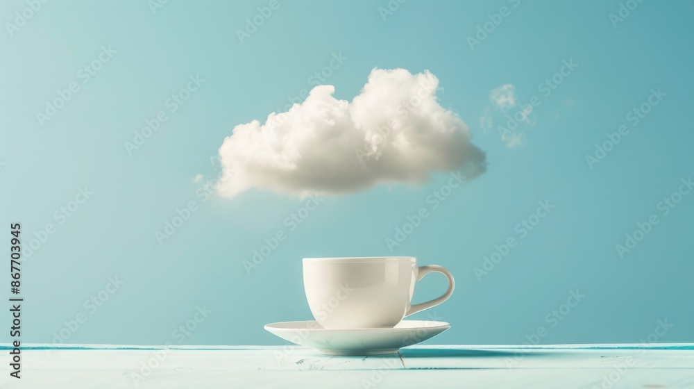 White coffee cup with saucer against a blue sky and floating cloud, creative concept. Surreal beverage scene White coffee cup with saucer against a blue sky and floating cloud, creative concept. Surreal beverage scene