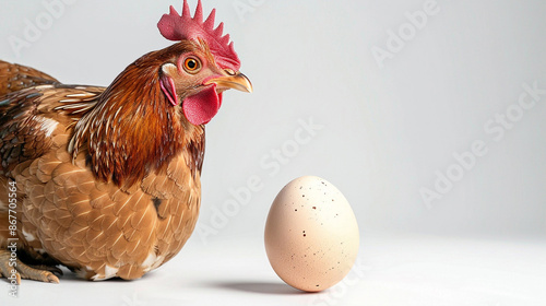 A hen and an egg on a white background symbolizing agriculture and farm life