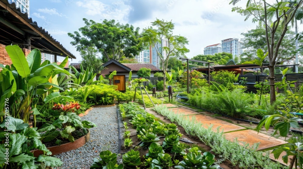 Obraz premium A thriving urban garden with climate-resilient plants and efficient irrigation systems.