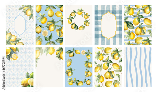 Watercolor illustration set of lemons, frame, striped wave, wreath, and pattern for background, card, invitation or poster.