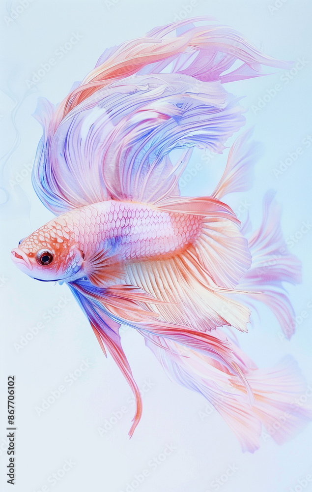 Fototapeta premium Beautiful colorful pastel colored, hyper-realistic betta fish swimming against blue background