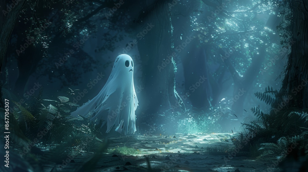 A translucent ghost stands in a dark, mysterious forest bathed in ethereal light. A translucent ghost stands in a dark, mysterious forest bathed in ethereal light.