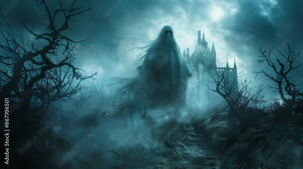 Fototapeta premium A ghostly figure hovers over a desolate landscape, shrouded in mist and darkness, with a looming castle in the background.