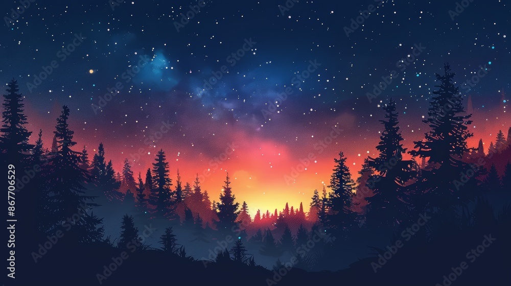 A vibrant night sky with a fiery sunset over a silhouetted forest. A vibrant night sky with a fiery sunset over a silhouetted forest.