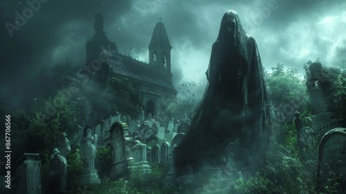 A shadowy figure stands tall in a graveyard, shrouded in mist and surrounded by tombstones.  The atmosphere is eerie and ominous. photo