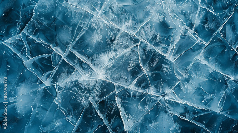 Cracked ice surface seen from a top-down perspective, emphasizing natural patterns and textures Cracked ice surface seen from a top-down perspective, emphasizing natural patterns and textures