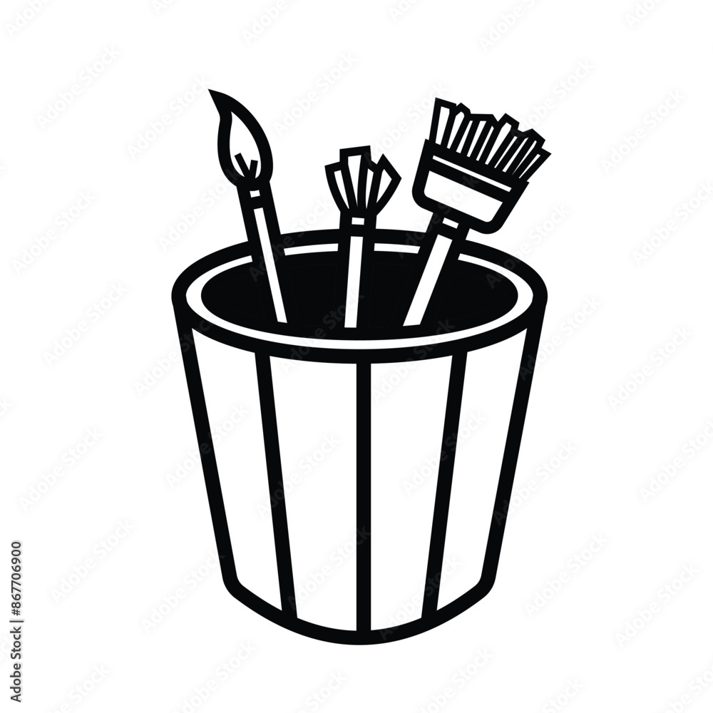 Three paint brushes in cup or glass container illustration with black outline isolated on square white background. Simple flat art tools object with cartoon art styled drawing. Three paint brushes in cup or glass container illustration with black outline isolated on square white background. Simple flat art tools object with cartoon art styled drawing.
