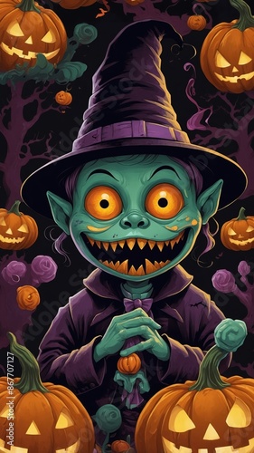 A cartoonish green goblin with a witch hat and a big smile on his face. Pumpkins