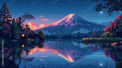 A tranquil lake reflects a majestic mountain peak under a starry sky. A small cabin sits on the shore, adding to the serene atmosphere.