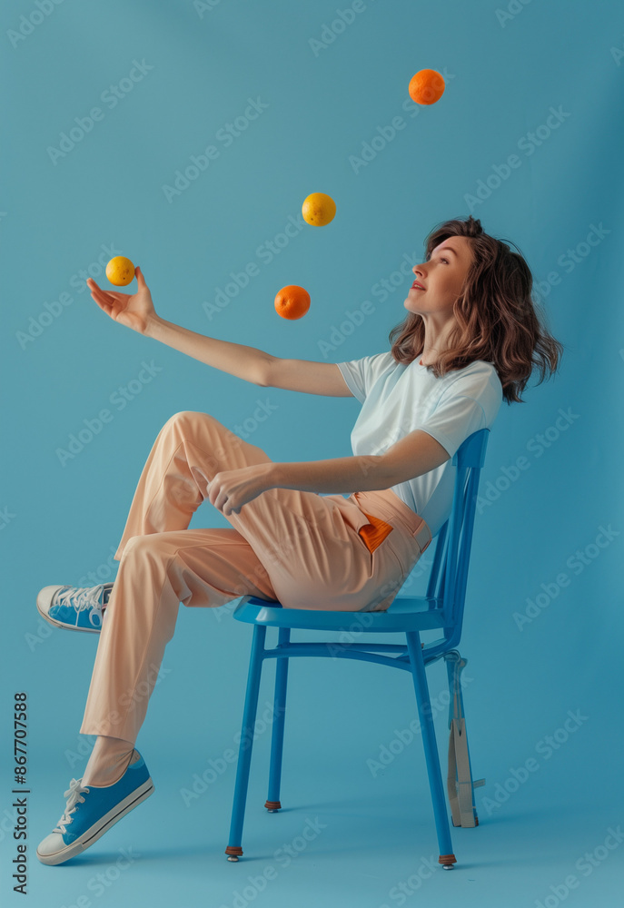 Fototapeta premium A woman sitting on a blue chair, juggling balls and a peach in the air.Minimal creative fun concept.