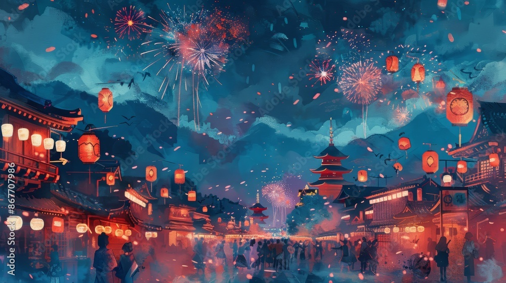 Fototapeta premium A vibrant night cityscape with glowing lanterns, fireworks, and a bustling crowd celebrating.