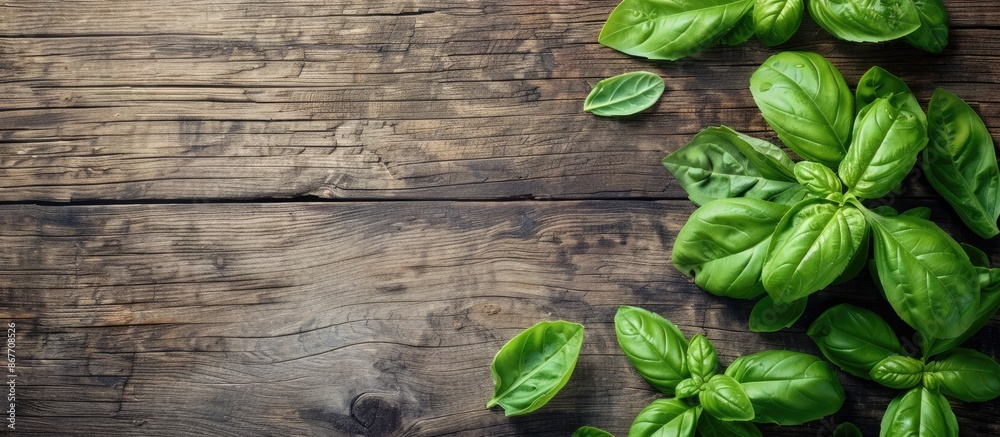 Basil leaves on a wooden surface with empty space for writing. Basil leaves on a wooden surface with empty space for writing.