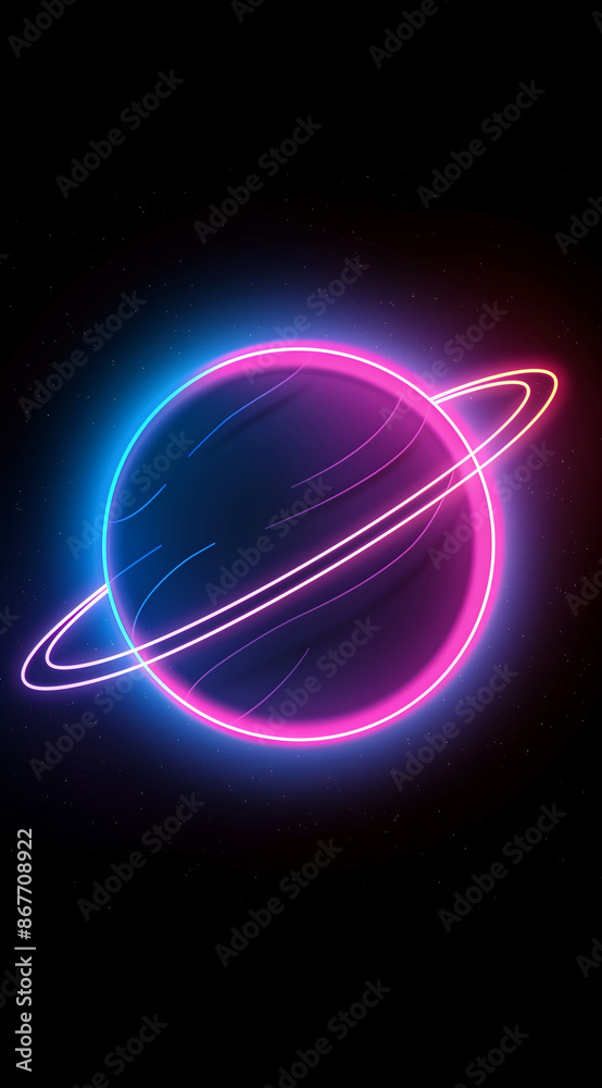 Neon blue and pink outline of the planet Saturn on black background.Minimal creative advertise and science concept. Neon blue and pink outline of the planet Saturn on black background.Minimal creative advertise and science concept.