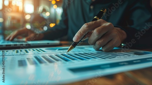 Businessman Hand pointing with pen on a chart document © Pravinrus