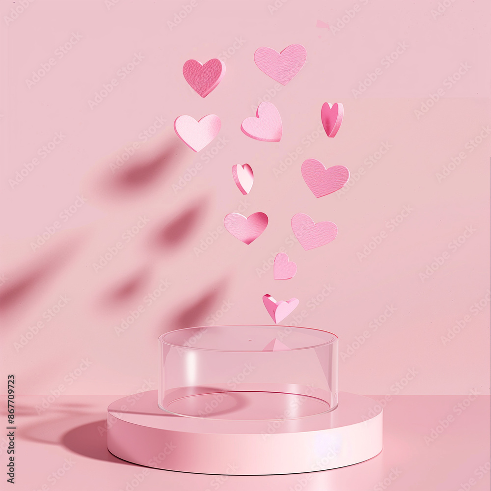 A pink podium features floating heart-shaped paper cutouts above a solid background, styled as origami hearts, perfect for a romantic relationship agency logo. A pink podium features floating heart-shaped paper cutouts above a solid background, styled as origami hearts, perfect for a romantic relationship agency logo.